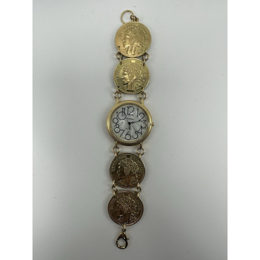 Moderne Faux French Gold Coin Ladies MOP Watch New Battery 37MM 7.5"‎ Rare P36